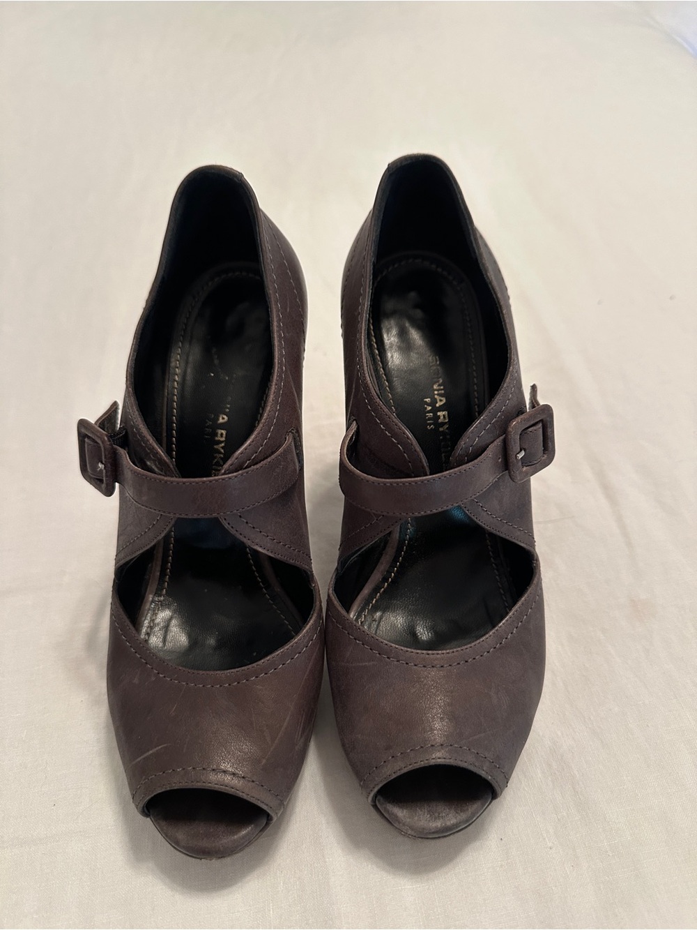 Sonia Rykiel from Paris Dark Grey Peep-Toe Mary Jane Heels with Buckle Strap